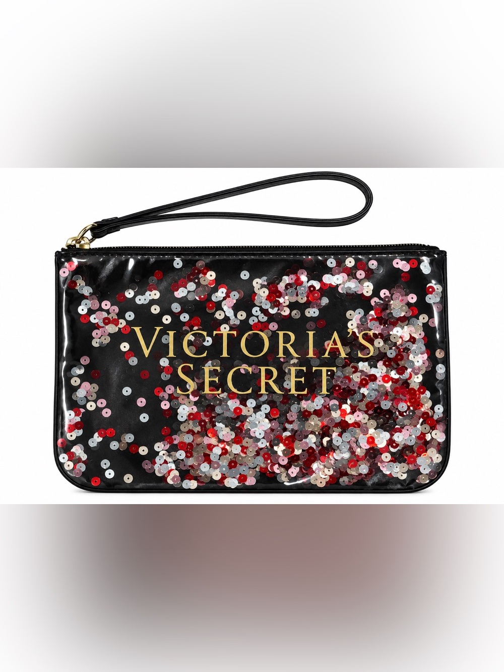 Victoria's Secret Black Sequin Wristlet with Red & Silver Accents